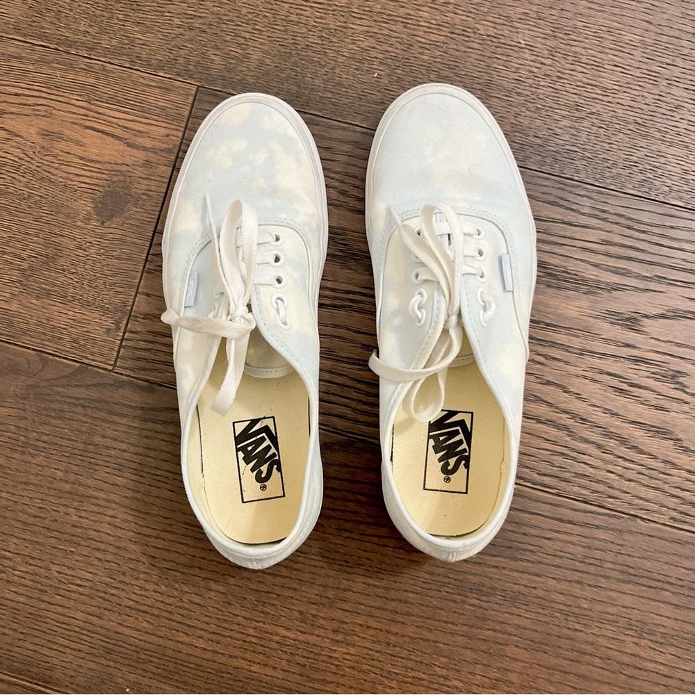 Blue and White Lace Up Low Top Vans, Size 9.5